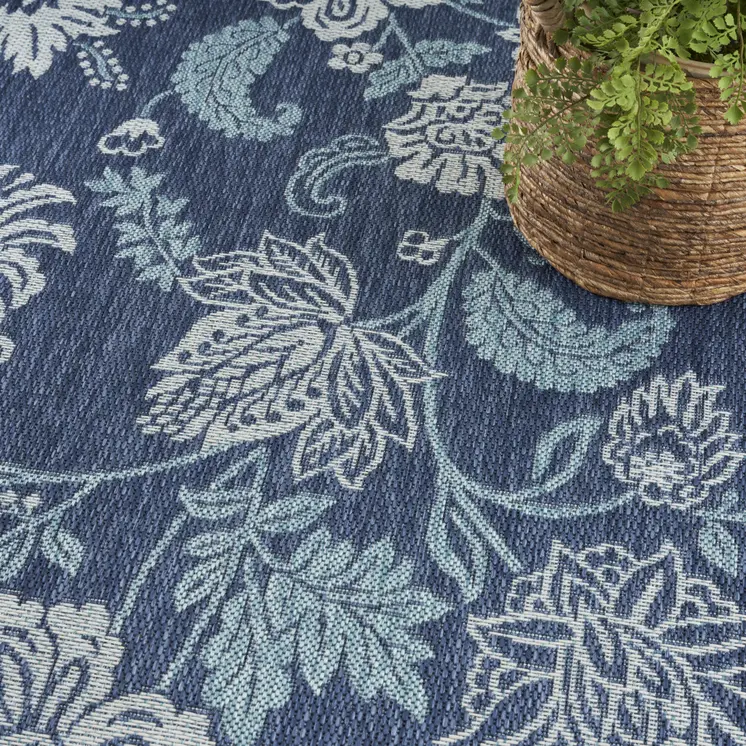 4' X 6' Navy Blue Sky Blue And Ivory Floral Indoor Outdoor Area Rug