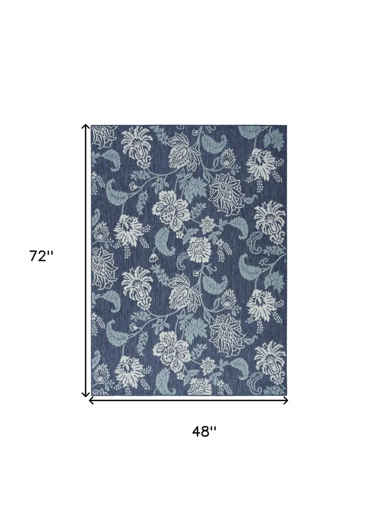 4' X 6' Navy Blue Sky Blue And Ivory Floral Indoor Outdoor Area Rug