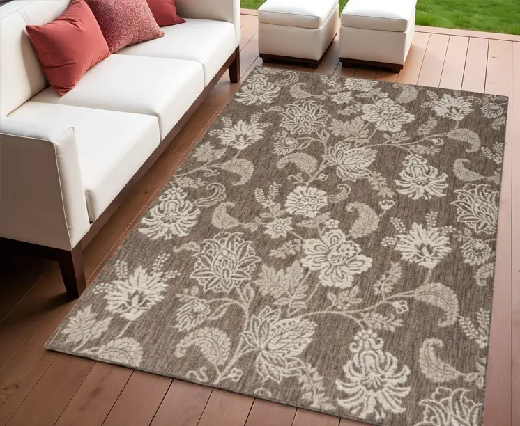 4' X 6' Brown And Ivory Floral Indoor Outdoor Area Rug