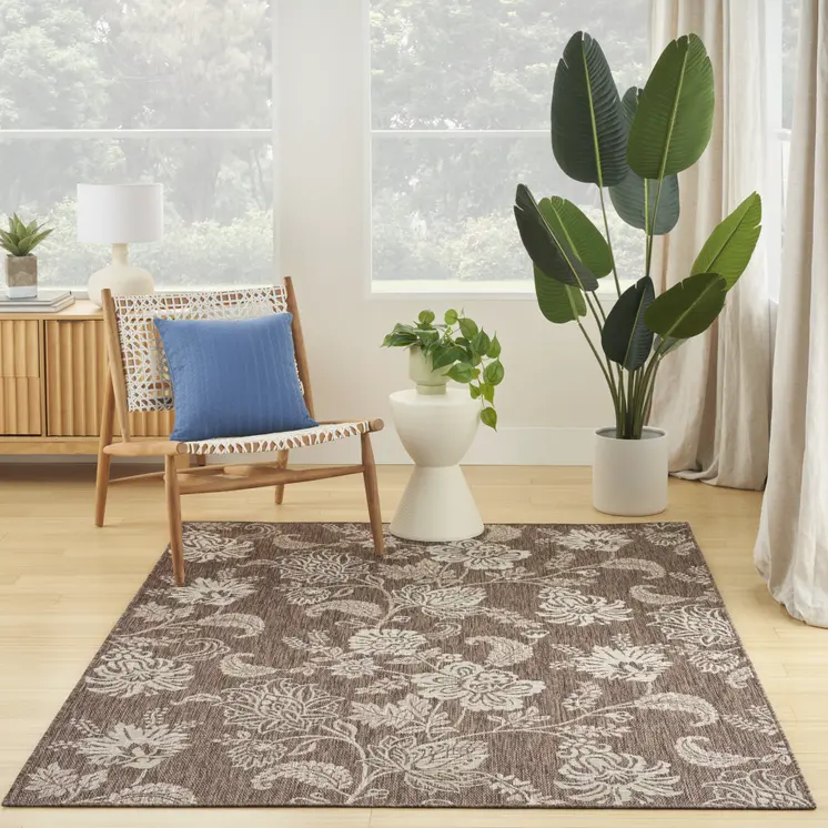 4' X 6' Brown And Ivory Floral Indoor Outdoor Area Rug