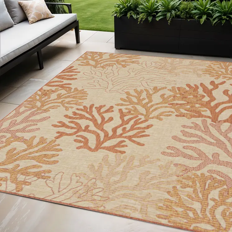 5' X 7' Coral And Beige Nautical Indoor Outdoor Area Rug