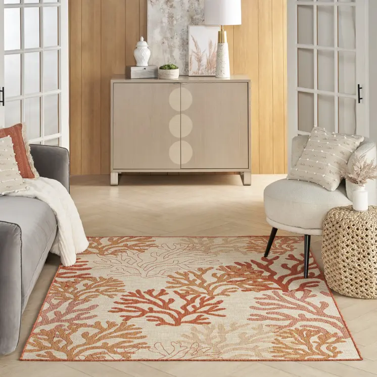 4' X 6' Coral And Beige Nautical Indoor Outdoor Area Rug
