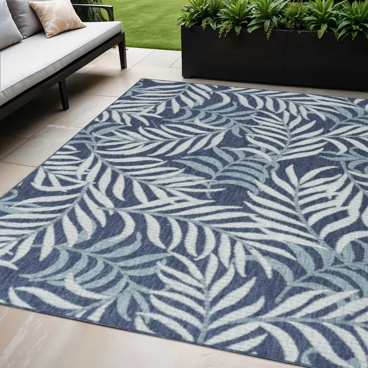 5' X 7' Navy Blue Sky Blue And Ivory Palm Leaf Indoor Outdoor Area Rug