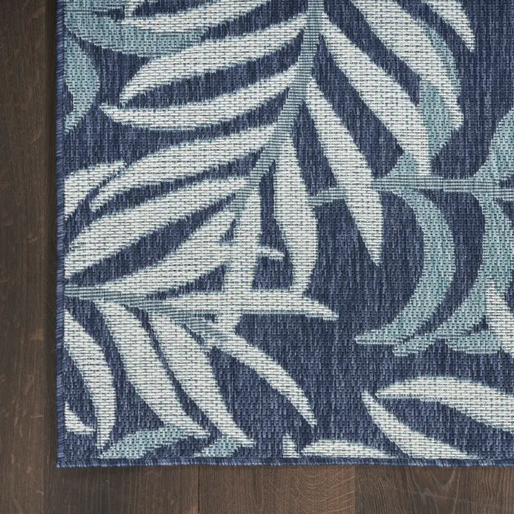 5' X 7' Navy Blue Sky Blue And Ivory Palm Leaf Indoor Outdoor Area Rug