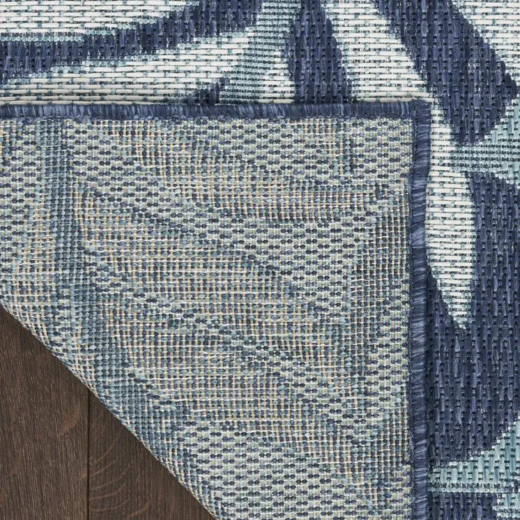 5' X 7' Navy Blue Sky Blue And Ivory Palm Leaf Indoor Outdoor Area Rug