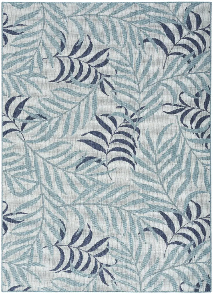 5' X 7' Navy Blue Ivory And Blue Palm Leaf Indoor Outdoor Area Rug