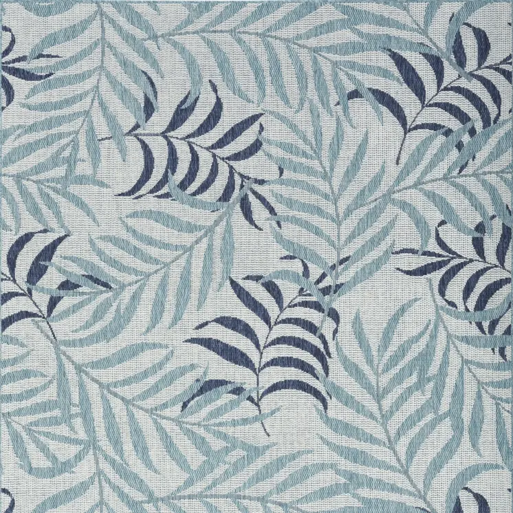 5' X 7' Navy Blue Ivory And Blue Palm Leaf Indoor Outdoor Area Rug