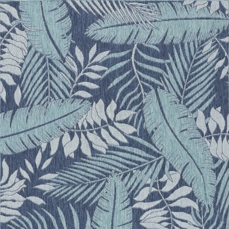 5' X 7' Navy Blue Sky Blue And Ivory Palm Leaf Indoor Outdoor Area Rug