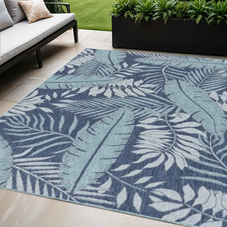 5' X 7' Navy Blue Sky Blue And Ivory Palm Leaf Indoor Outdoor Area Rug