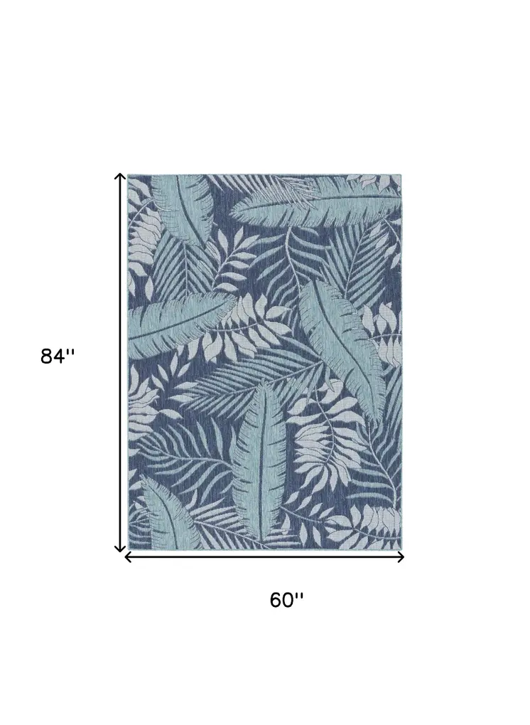 5' X 7' Navy Blue Sky Blue And Ivory Palm Leaf Indoor Outdoor Area Rug