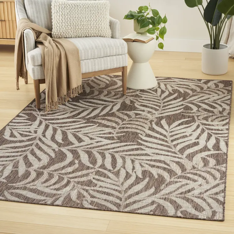 5' X 7' Brown And Ivory Palm Leaf Indoor Outdoor Area Rug