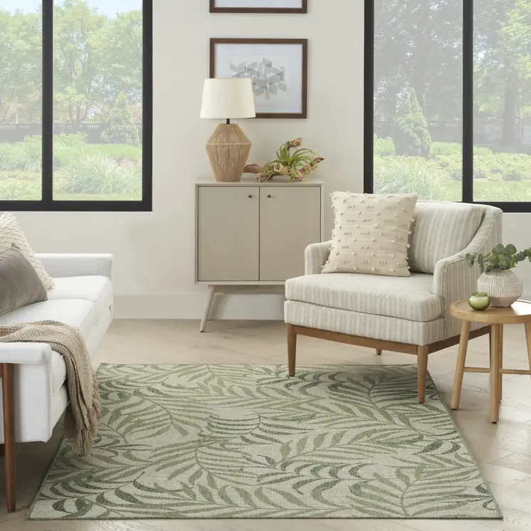 5' X 7' Ivory And Green Palm Leaf Indoor Outdoor Area Rug