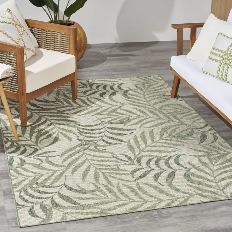 5' X 7' Ivory And Green Palm Leaf Indoor Outdoor Area Rug