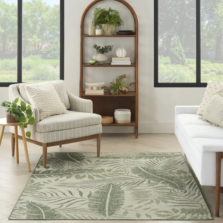 5' X 7' Ivory And Green Palm Leaf Indoor Outdoor Area Rug