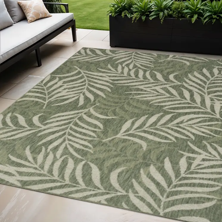5' X 7' Ivory And Green Palm Leaf Indoor Outdoor Area Rug