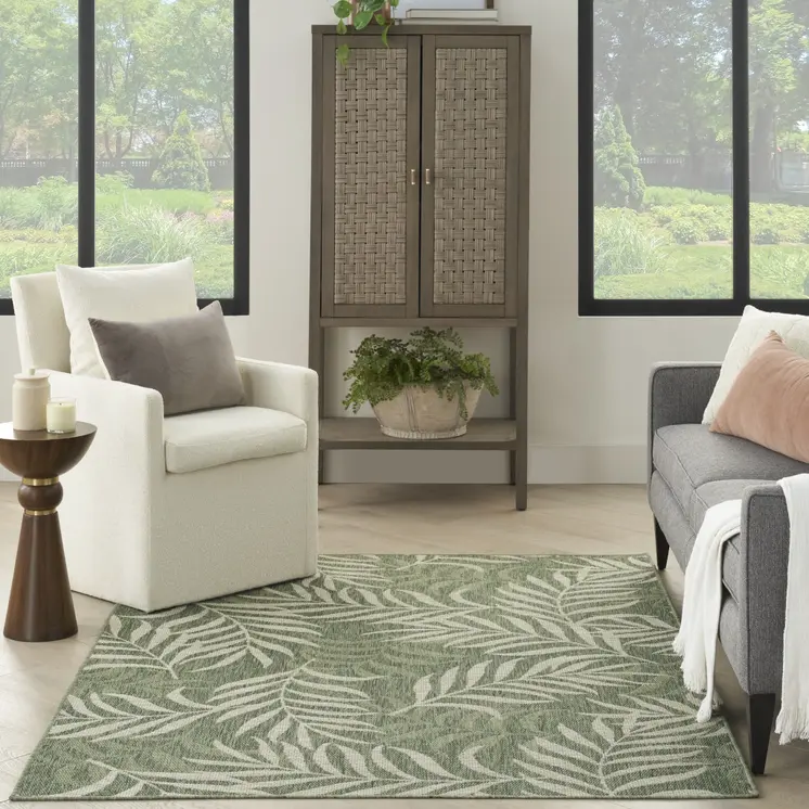 5' X 7' Ivory And Green Palm Leaf Indoor Outdoor Area Rug