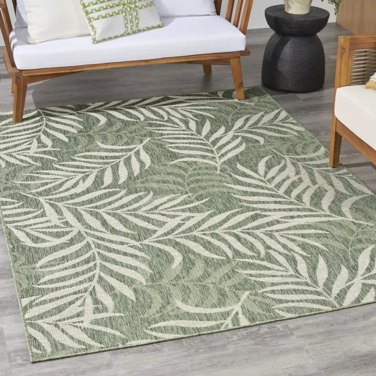 5' X 7' Ivory And Green Palm Leaf Indoor Outdoor Area Rug
