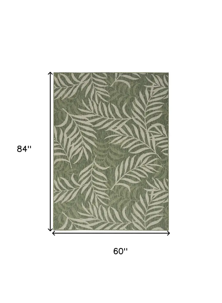 5' X 7' Ivory And Green Palm Leaf Indoor Outdoor Area Rug
