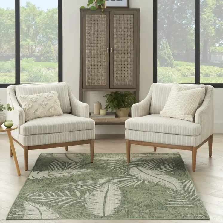 5' X 7' Ivory And Green Palm Leaf Indoor Outdoor Area Rug