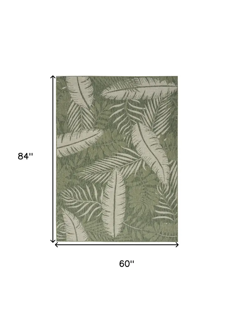 5' X 7' Ivory And Green Palm Leaf Indoor Outdoor Area Rug