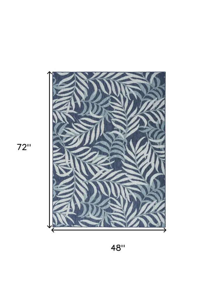 4' X 6' Navy Blue Sky Blue And Ivory Palm Leaf Indoor Outdoor Area Rug