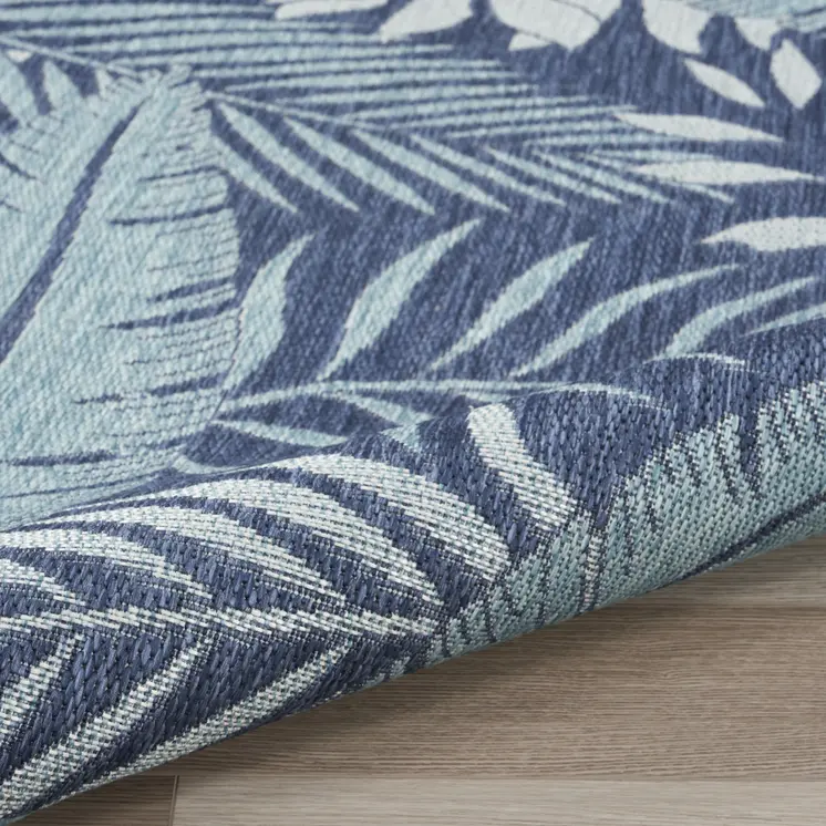 4' X 6' Navy Blue Sky Blue And Ivory Palm Leaf Indoor Outdoor Area Rug