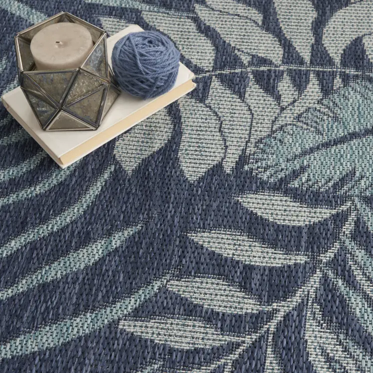 4' X 6' Navy Blue Sky Blue And Ivory Palm Leaf Indoor Outdoor Area Rug