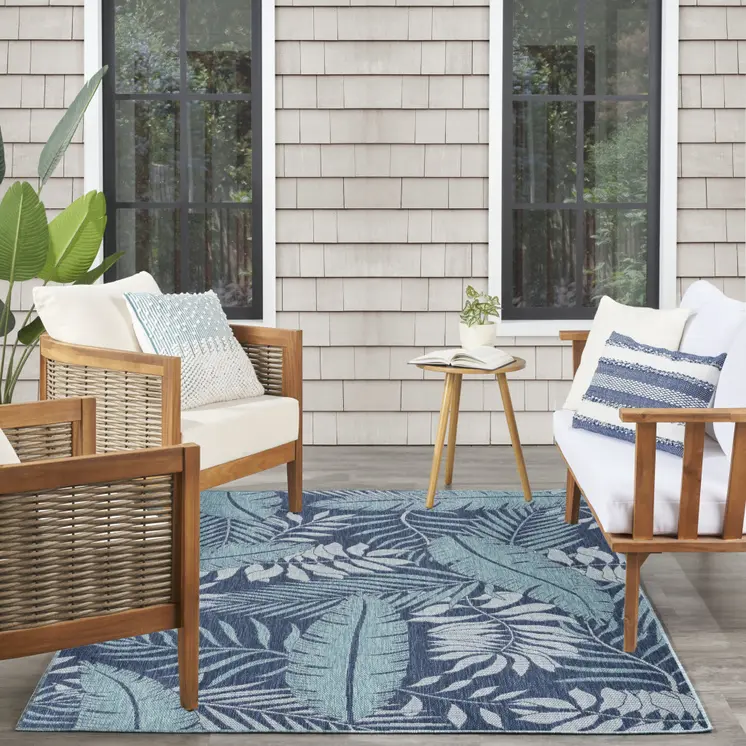 4' X 6' Navy Blue Sky Blue And Ivory Palm Leaf Indoor Outdoor Area Rug