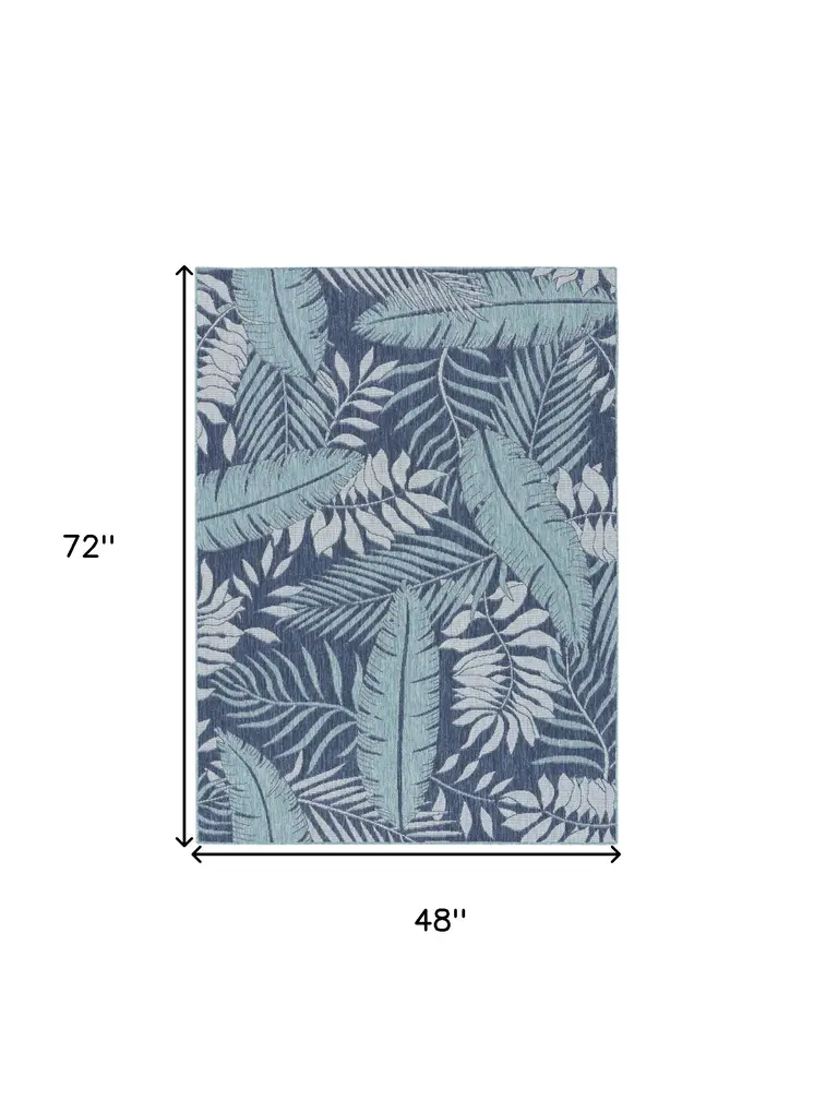 4' X 6' Navy Blue Sky Blue And Ivory Palm Leaf Indoor Outdoor Area Rug