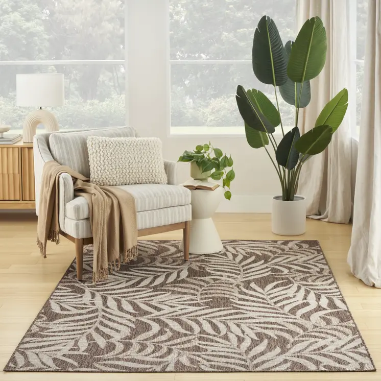 4' X 6' Brown And Ivory Palm Leaf Indoor Outdoor Area Rug