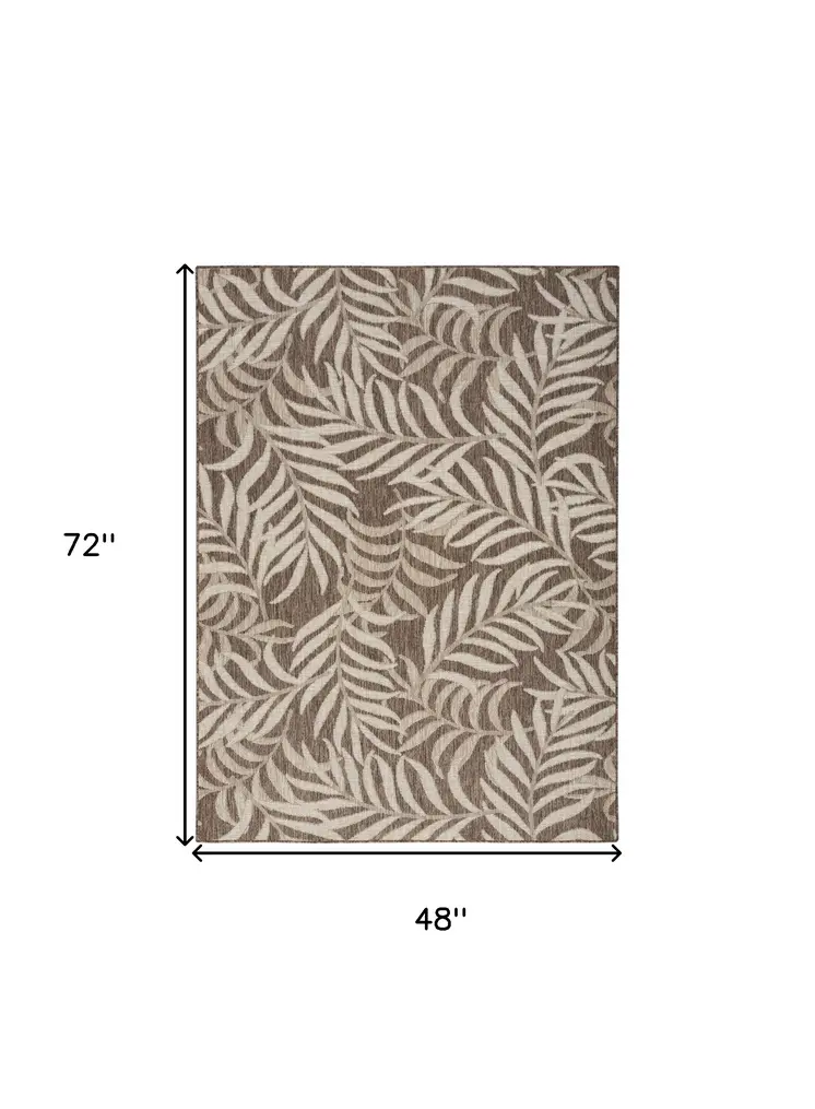 4' X 6' Brown And Ivory Palm Leaf Indoor Outdoor Area Rug