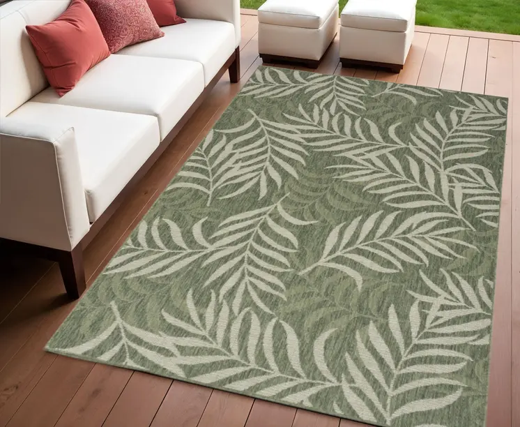 4' X 6' Ivory And Green Palm Leaf Indoor Outdoor Area Rug