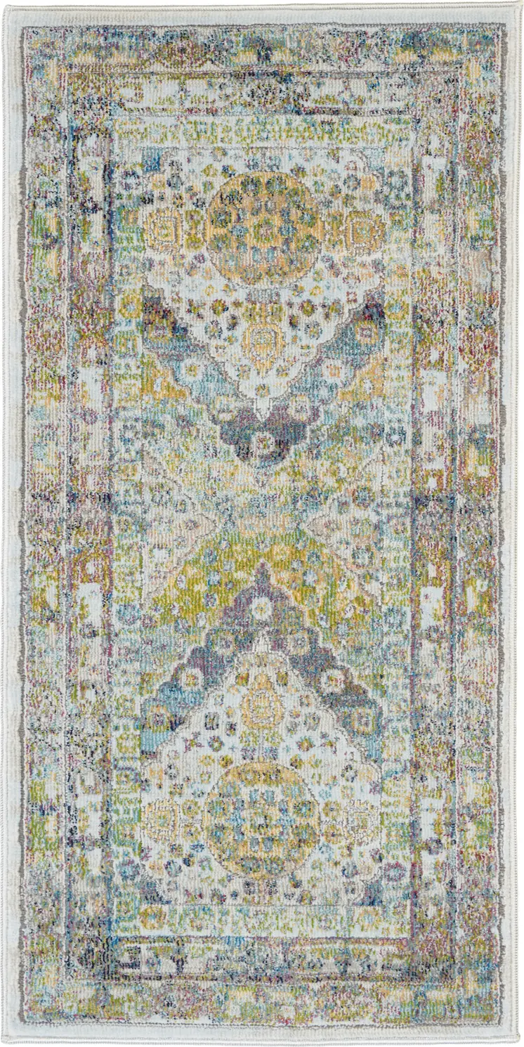 2' X 4' Ivory Blue and Green Floral Distressed Non Skid Area Rug