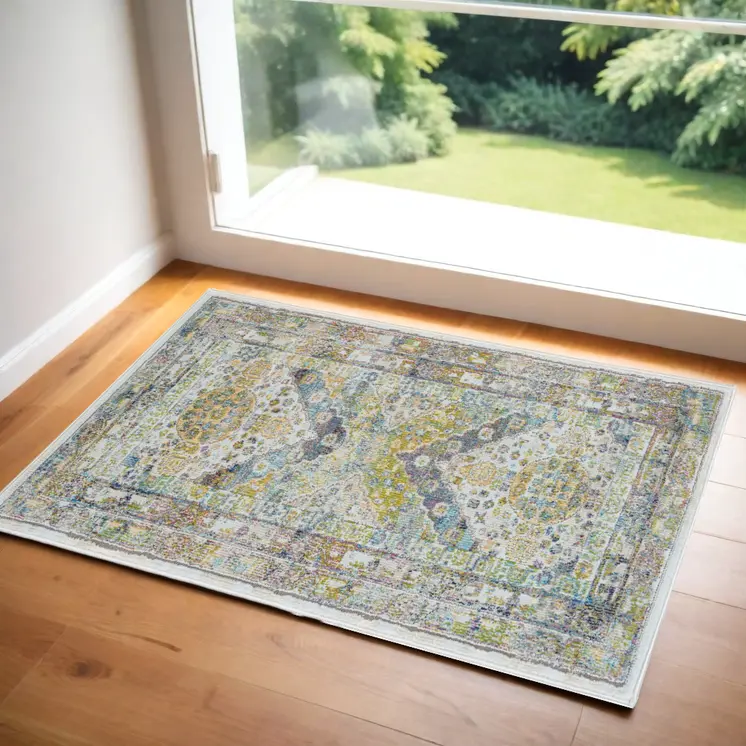 2' X 4' Ivory Blue and Green Floral Distressed Non Skid Area Rug