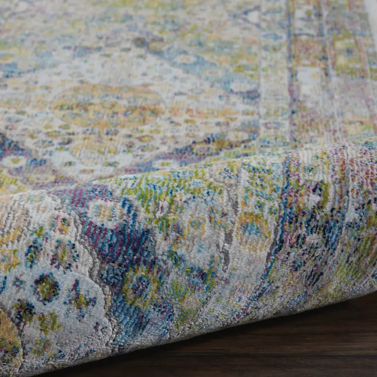 2' X 4' Ivory Blue and Green Floral Distressed Non Skid Area Rug