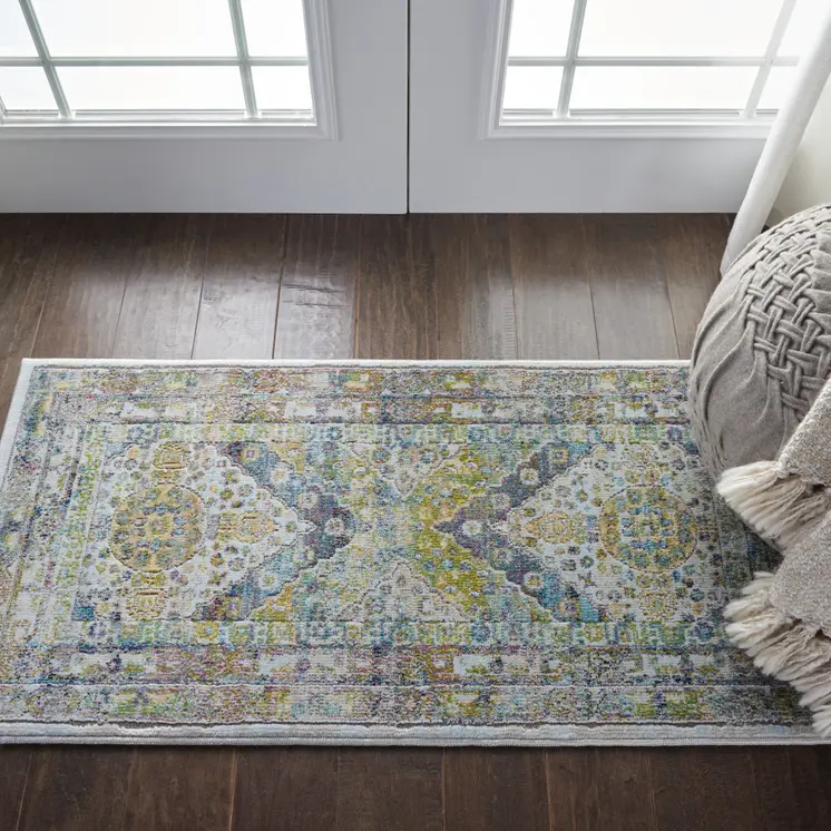 2' X 4' Ivory Blue and Green Floral Distressed Non Skid Area Rug