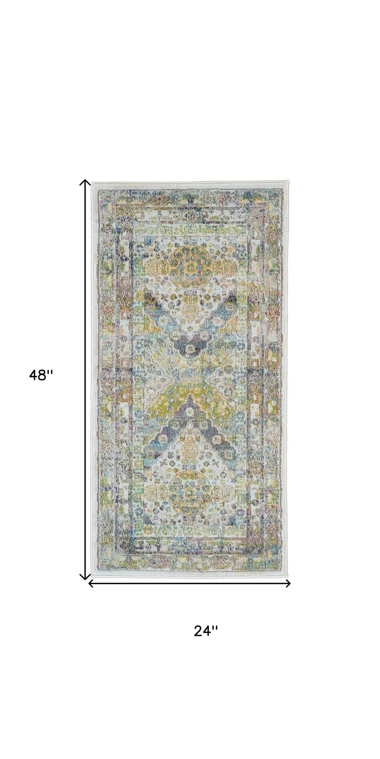 2' X 4' Ivory Blue and Green Floral Distressed Non Skid Area Rug