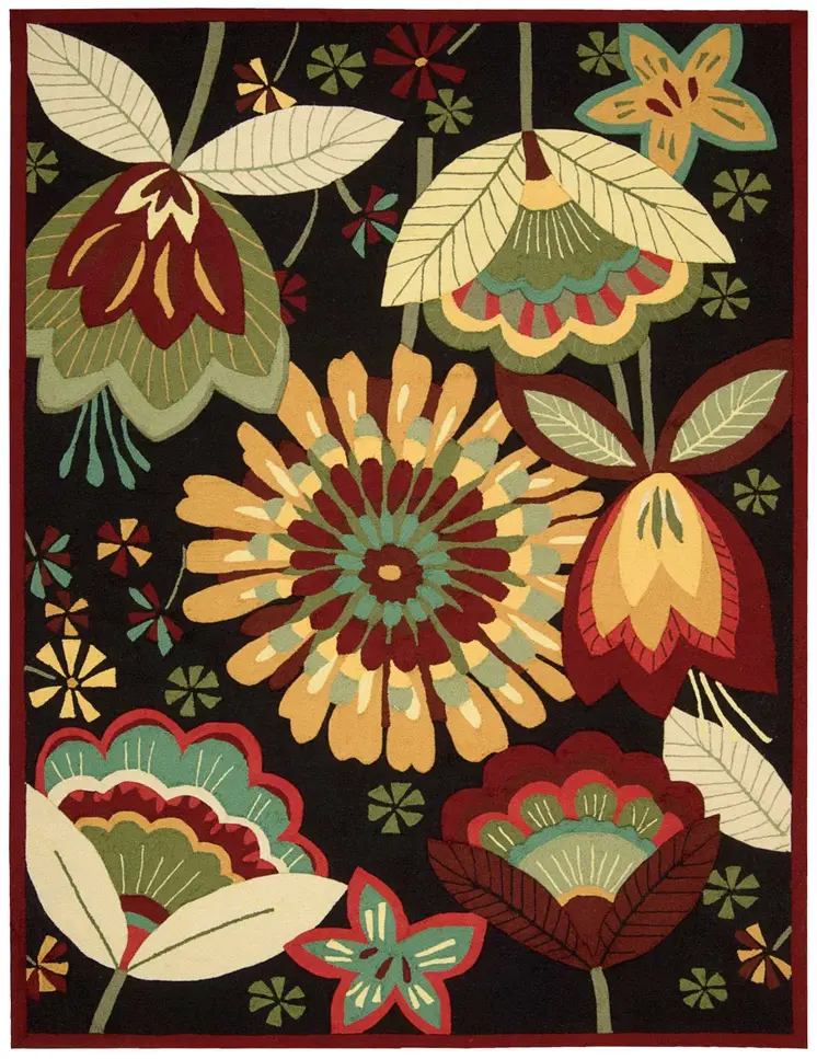 8' X 11' Black and Orange Floral Hand Carved Handmade Area Rug