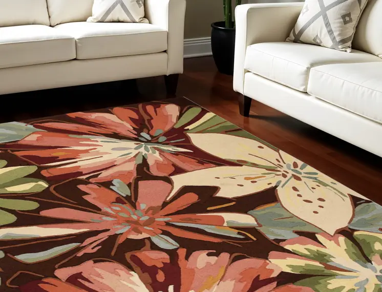 8' X 11' Tan and Dark Brown Botanical Leaves Hand Carved Handmade Area Rug
