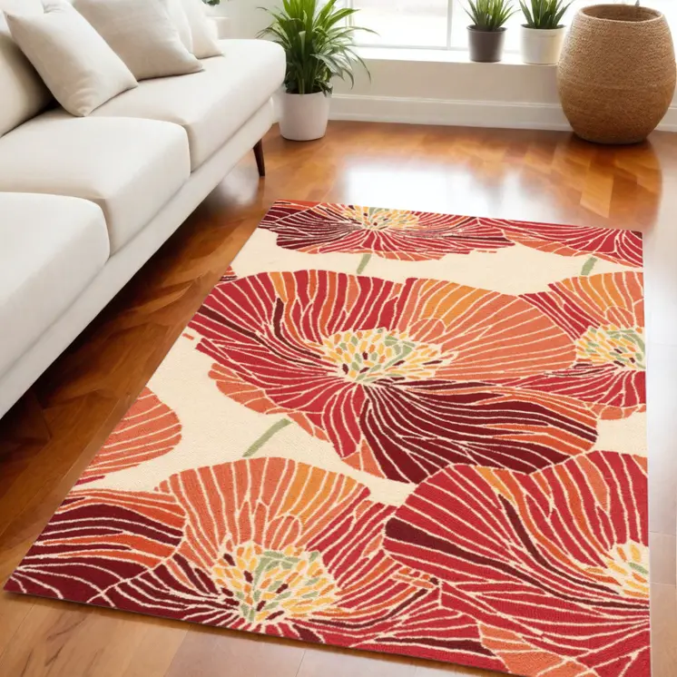 8' X 11' Ivory and Sunset Floral Hand Hooked Area Rug
