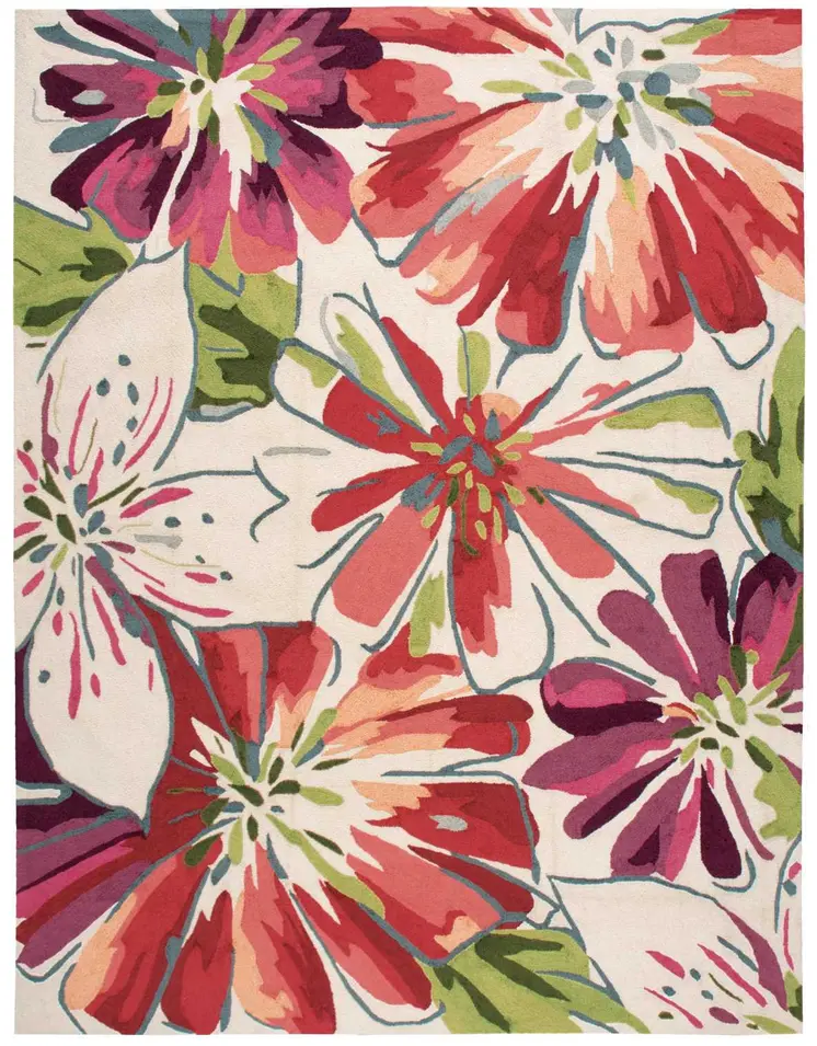 8' X 11' Ivory Green and Red Floral Hand Carved Handmade Area Rug