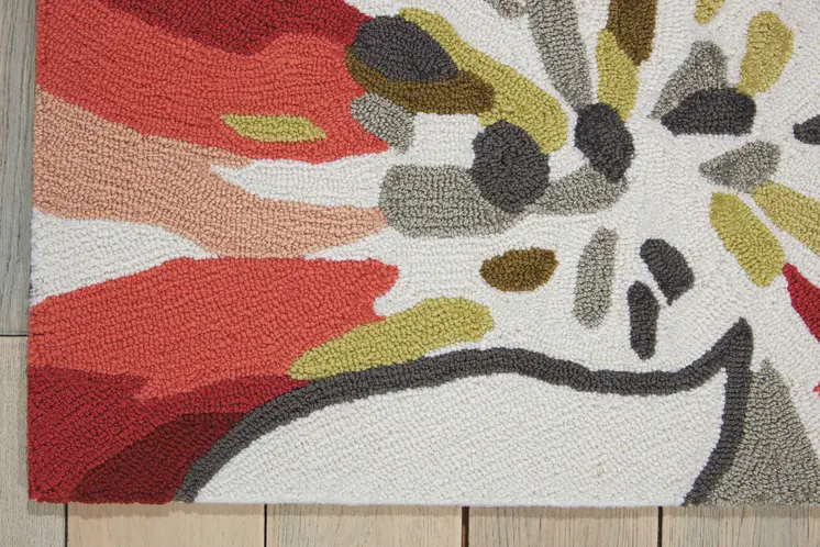 8' X 11' Ivory Green and Red Floral Hand Carved Handmade Area Rug