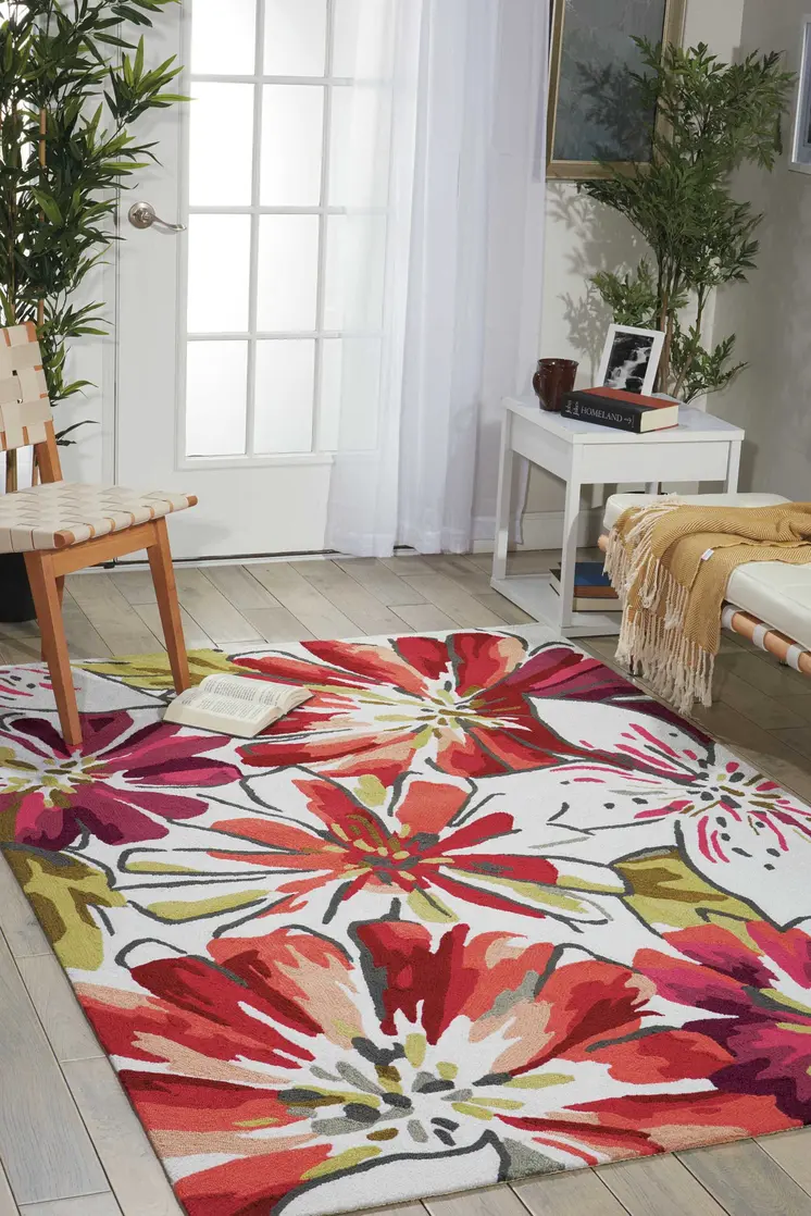8' X 11' Ivory Green and Red Floral Hand Carved Handmade Area Rug