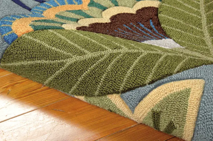 8' Blue Botanical Leaves Hand Carved Handmade Runner Rug