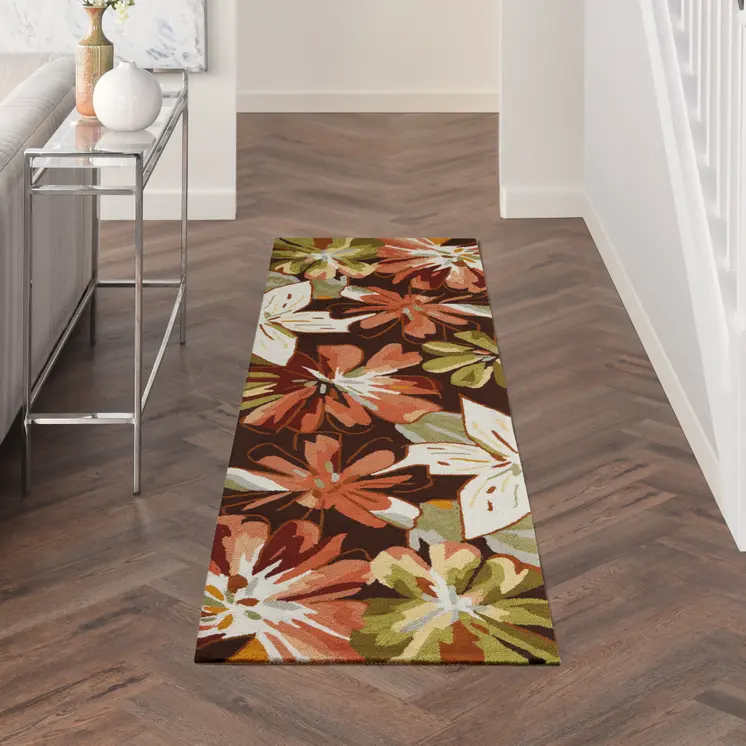 8' Tan and Dark Brown Botanical Leaves Hand Carved Handmade Runner Rug