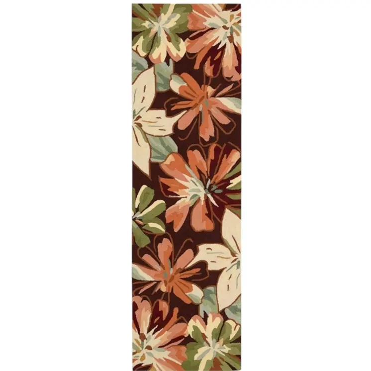 8' Tan and Dark Brown Botanical Leaves Hand Carved Handmade Runner Rug