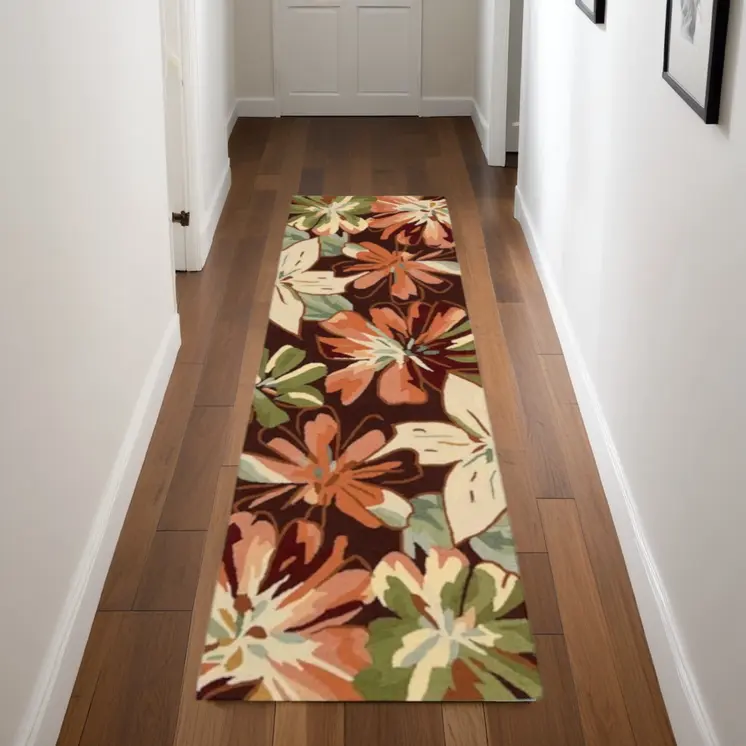 8' Tan and Dark Brown Botanical Leaves Hand Carved Handmade Runner Rug