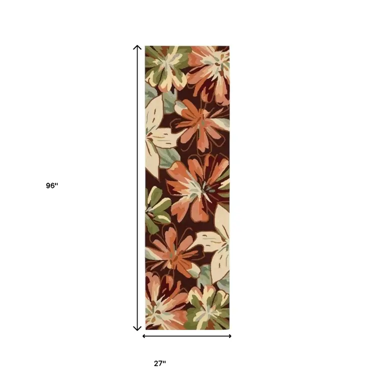 8' Tan and Dark Brown Botanical Leaves Hand Carved Handmade Runner Rug