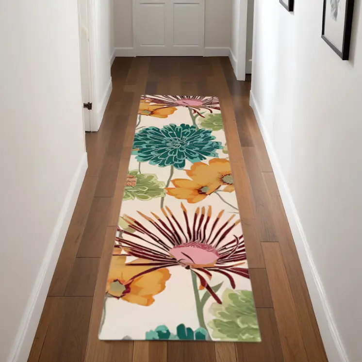8' Ivory Red and Orange Floral Hand Carved Handmade Runner Rug