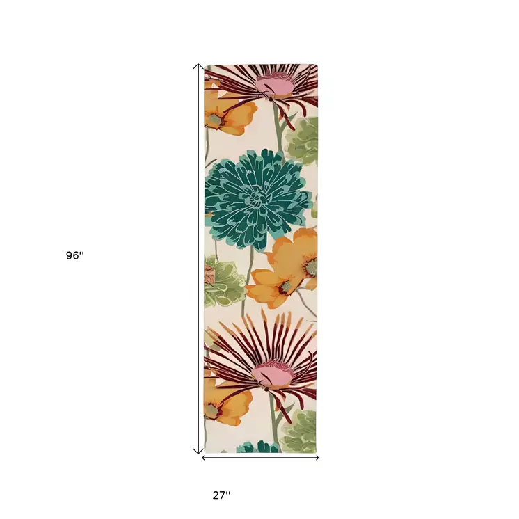 8' Ivory Red and Orange Floral Hand Carved Handmade Runner Rug